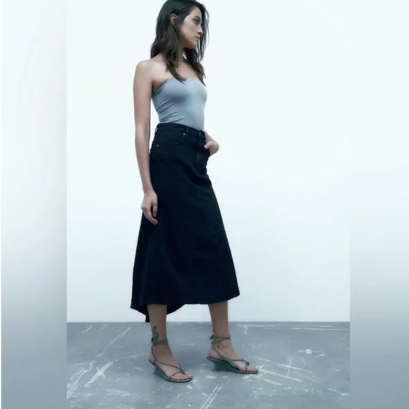 NEW ZARA High-Rise Five-Pocket Denim Midi Fishtail Skirt Dark Navy Small - Picture 5 of 9